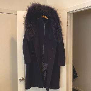 Mackage Navy Blue Wool Cashmere Coat with Raccoon Fur